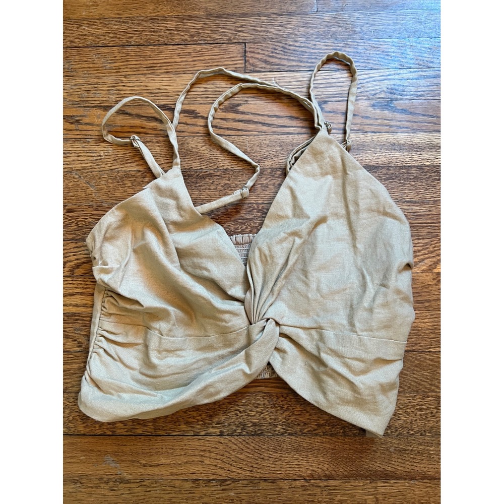 House of Harlow 1960 Beige Linen Blend Twist Front Smocked Crop Top Medium